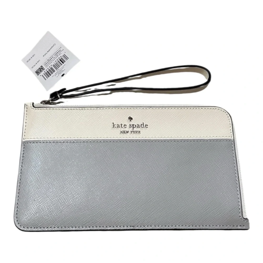 Kate Spade Lucy Med L Zip Platinum & White Colorblock Wristlet New with Tags